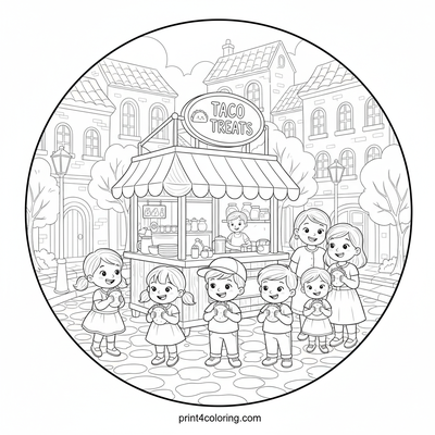 Charming Taco Stand in the Historic City Square - free printable coloring page