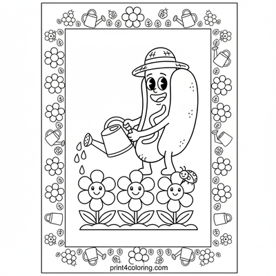 Happy Hotdog's Garden Adventure - free printable coloring page