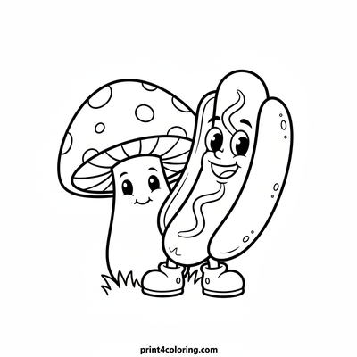 Hotdog's Whimsical Mushroom Hideout - free printable coloring page