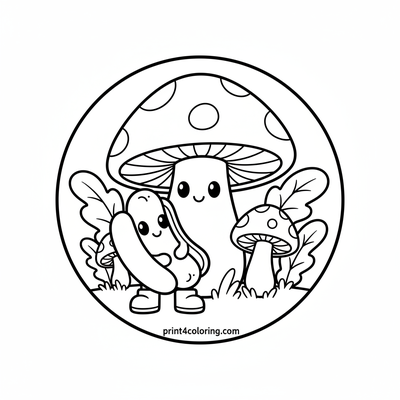 Hotdog's Whimsical Mushroom Hideout - free printable coloring page