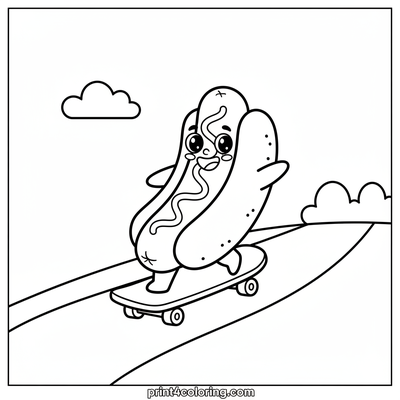Hotdog's Epic Skateboard Ride - free printable coloring page