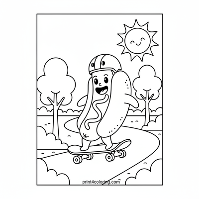 Hotdog's Skateboard Adventure - free printable coloring page