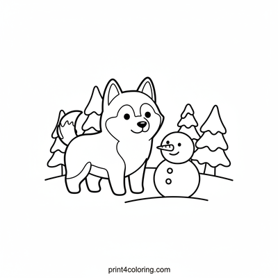 Curious Husky and the Tiny Snowman - free printable coloring page