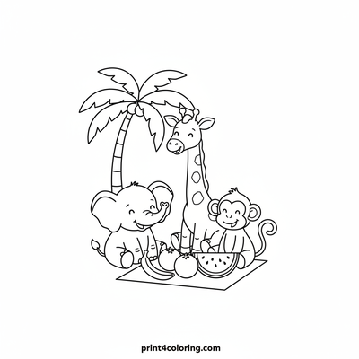 Jungle Friends' Fruit Feast Picnic - free printable coloring page