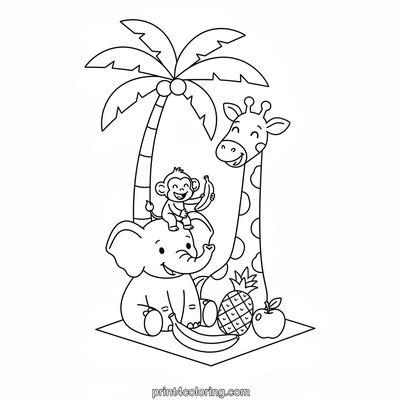 Jungle Friends' Fruit Feast - free printable coloring page