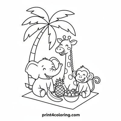 Jungle Friends' Fruity Feast - free printable coloring page