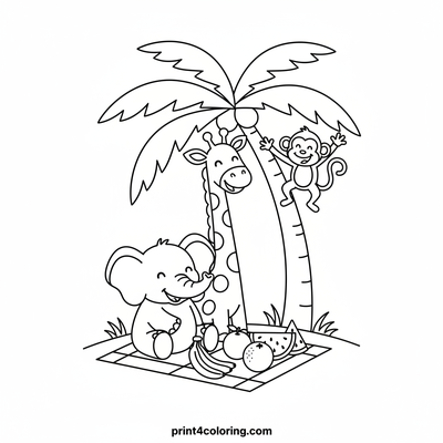 Jungle Friends' Delicious Fruit Picnic - free printable coloring page