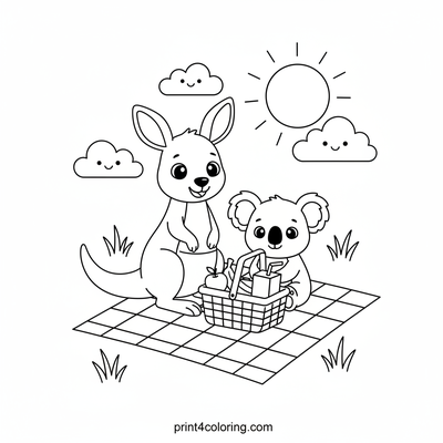 Kangaroo and Koala's Sunny Picnic - free printable coloring page