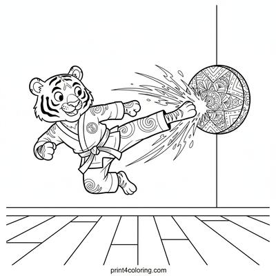 Dynamic Tiger Taekwondo Master's Leaping Kick - free printable coloring page