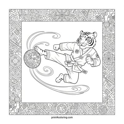 Dynamic Tiger Taekwondo Master: Flying Kick Precision - free printable coloring page