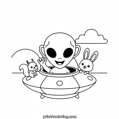Cute Alien Greets Park Pals - free printable coloring page
