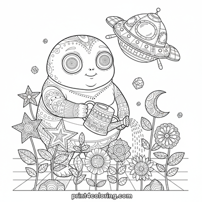 Zenith's Celestial Garden: A Little Alien's Cosmic Oasis - free printable coloring page