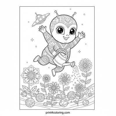 Friendly Alien's Galactic Garden - free printable coloring page