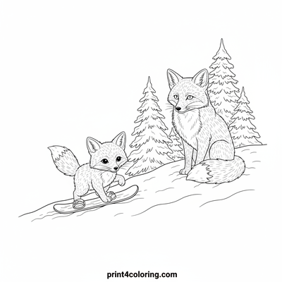 Little Fox's First Snowboard Adventure - free printable coloring page