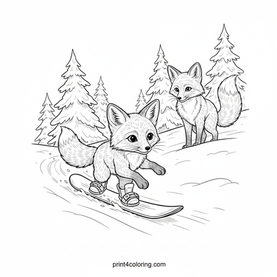 Little Fox's Snowy Snowboard Adventure - free printable coloring page
