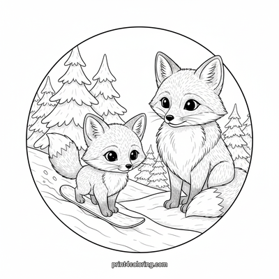 Little Fox's First Snowboard Adventure - free printable coloring page