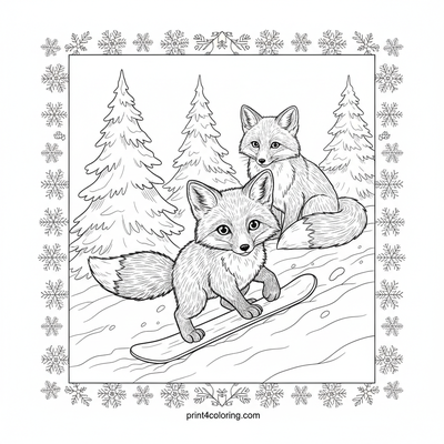 Little Fox's First Snowboard Adventure - free printable coloring page