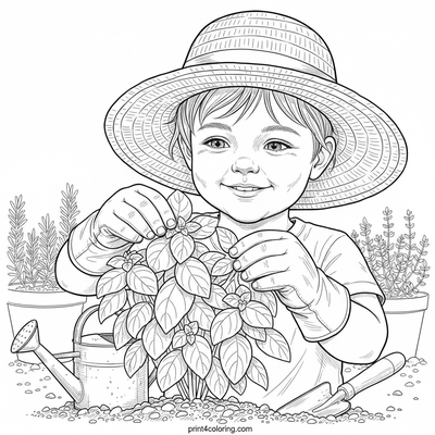 Little Gardener's Basil Harvest - free printable coloring page
