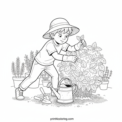 Little Gardener's Basil Harvest - free printable coloring page
