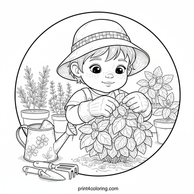Sweet Basil Harvest with Our Little Gardener - free printable coloring page