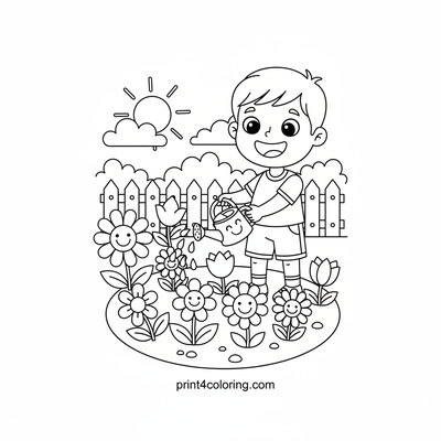Sunny Flower Watering Fun - free printable coloring page