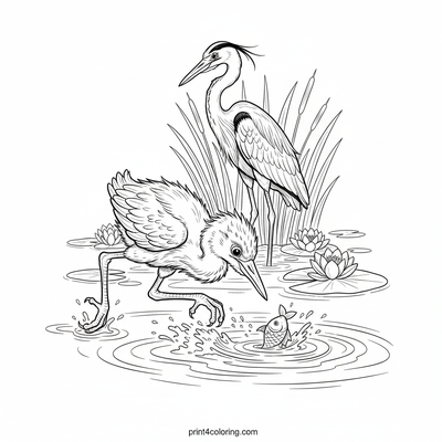 Little Heron's First Catch - free printable coloring page