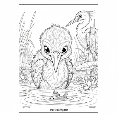 Little Heron's First Catch Adventure - free printable coloring page