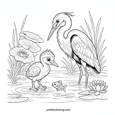 Little Heron's First Fishing Lesson - free printable coloring page