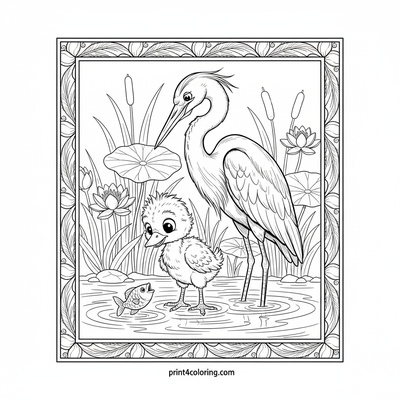 Little Heron's First Catch: A Lakeside Lesson - free printable coloring page