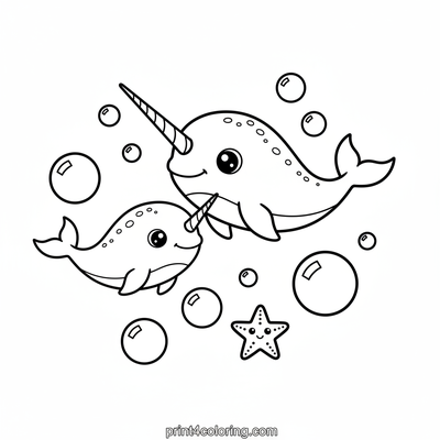 Baby Narwhal's Gentle Ocean Swim - free printable coloring page