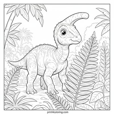 Curious Little Parasaurolophus in the Fern Forest - free printable coloring page