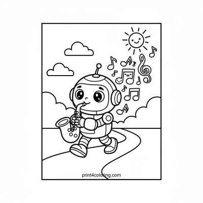 Little Robot's Saxophone Parade - free printable coloring page