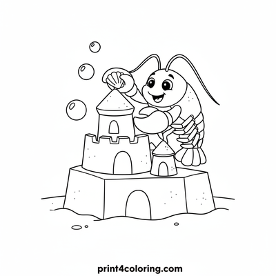 Lobster's Tiny Sandcastle Masterpiece - free printable coloring page