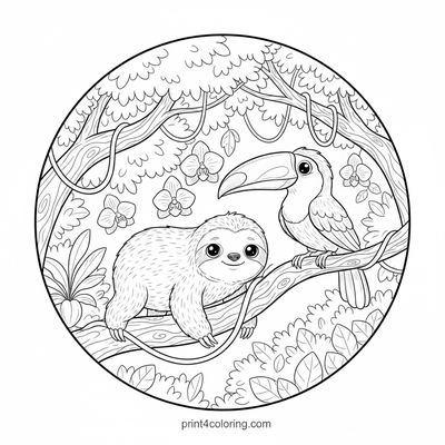 Cozy Canopy Adventure: Sloth & Toucan Rainforest Scene - free printable coloring page