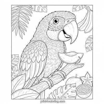 Vibrant Macaw's Tropical Fruit Feast - free printable coloring page