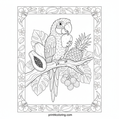 Macaw's Tropical Fruit Feast - free printable coloring page