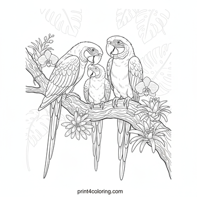 Vibrant Macaw Family on Orchid Branch