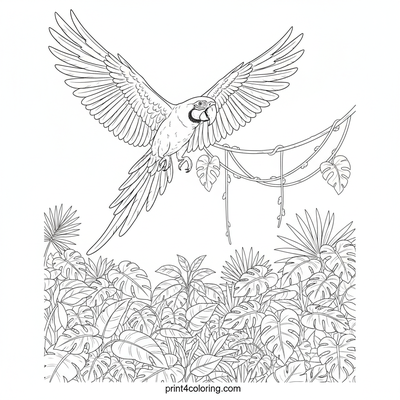 Soaring Macaw Over the Rainforest - free printable coloring page