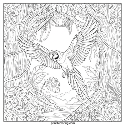 Majestic Macaw Flight Through the Rainforest - free printable coloring page