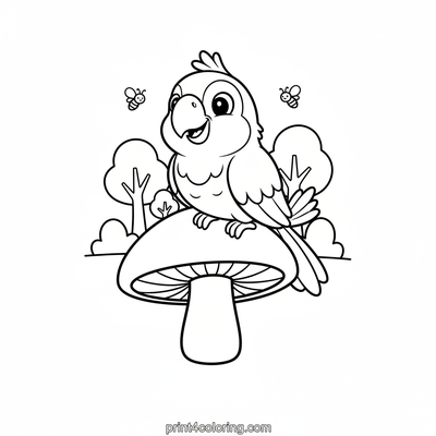 Rainbow Parrot's Magical Mushroom Perch - free printable coloring page