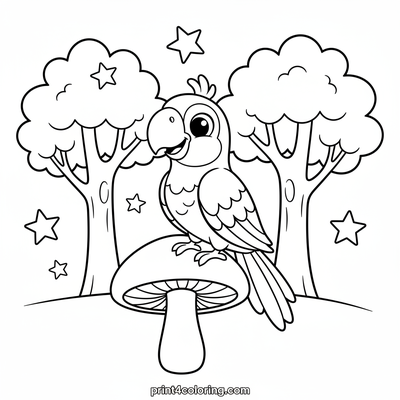 Enchanted Rainbow Parrot in a Magic Forest - free printable coloring page