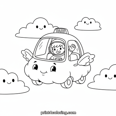 The Whimsical Cloud Taxi Adventure - free printable coloring page