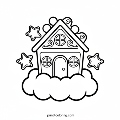 Whimsical Floating Gingerbread House - free printable coloring page