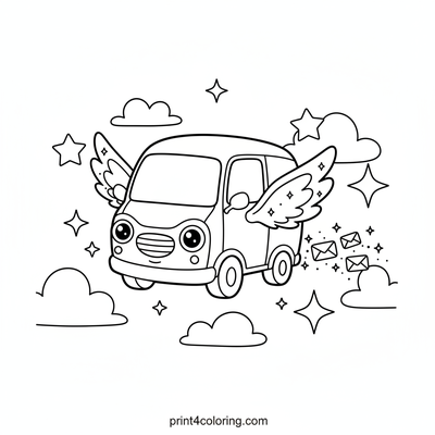 The Whimsical Winged Mail Van - free printable coloring page
