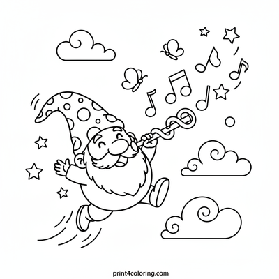 Gnome's Magical Melody: Butterflies and Stars - free printable coloring page