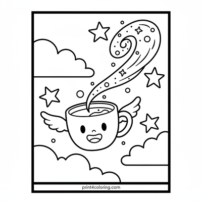 Whimsical Winged Mug in the Sky - free printable coloring page