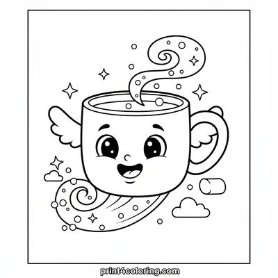 Friendly Flying Mug in Marshmallow Sky - free printable coloring page