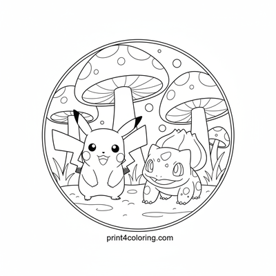 Pikachu & Bulbasaur's Magical Mushroom Forest - free printable coloring page