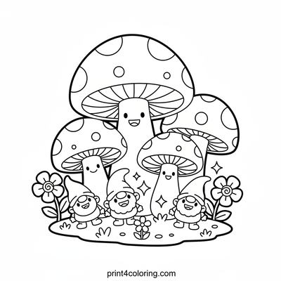 Whimsical Gnome and Mushroom Garden - free printable coloring page