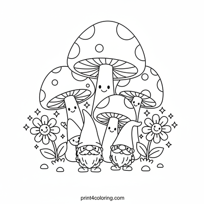 Enchanted Gnome & Mushroom Garden - free printable coloring page